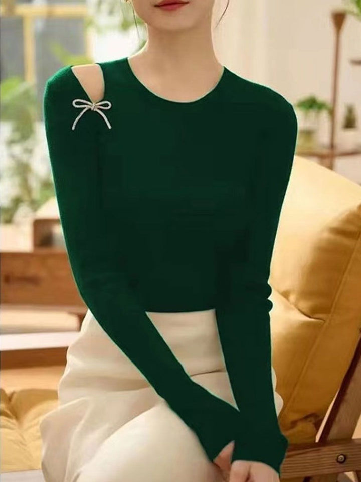 Elegant Off-Shoulder Bow Tie Knitted Sweater