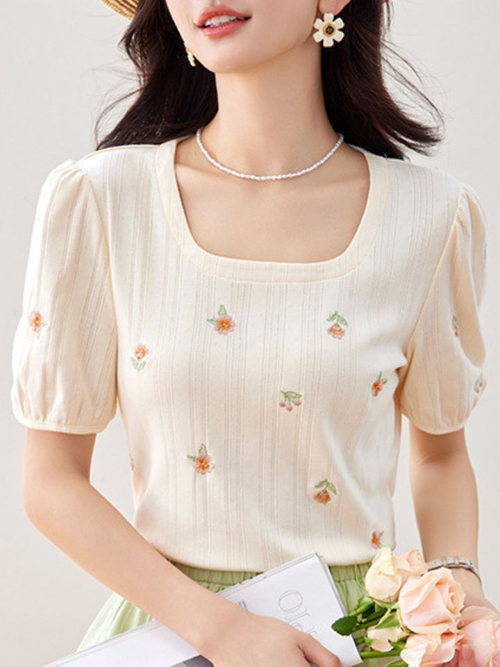 Square Neck Floral Puff Sleeve Top