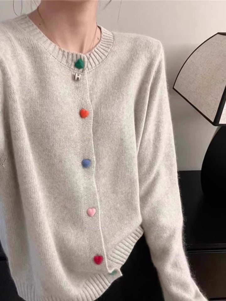 Chic Round Neck Colorful Heart Button Sweater - Grey