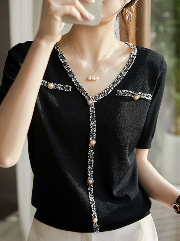 Classic Loose V-Neck Fringe Panel Top