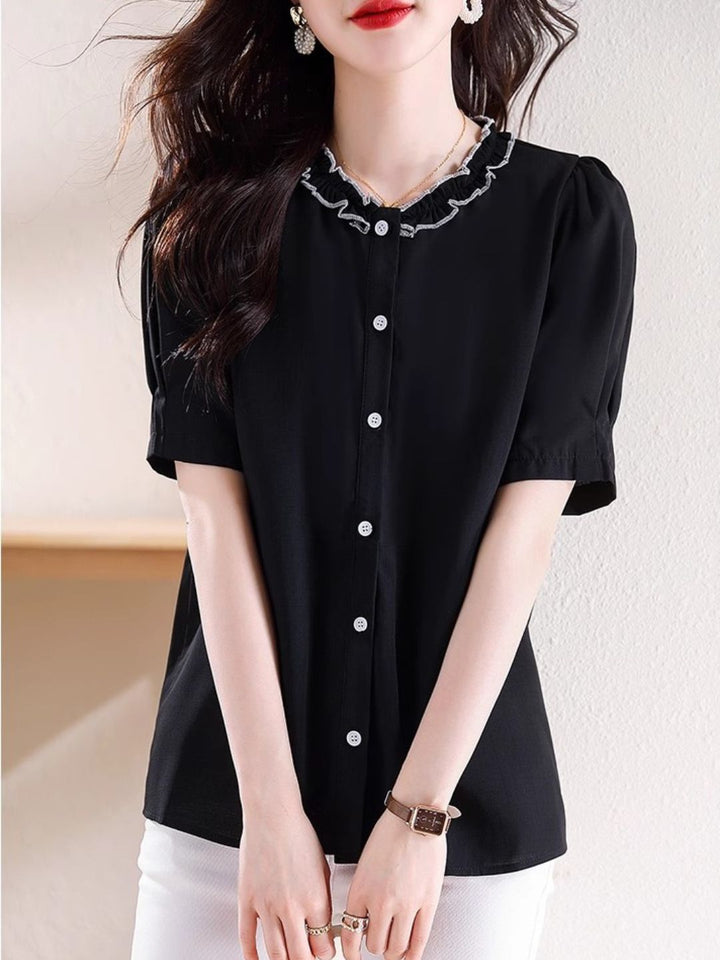 Versatile Chiffon Short-sleeved Shirt - Black