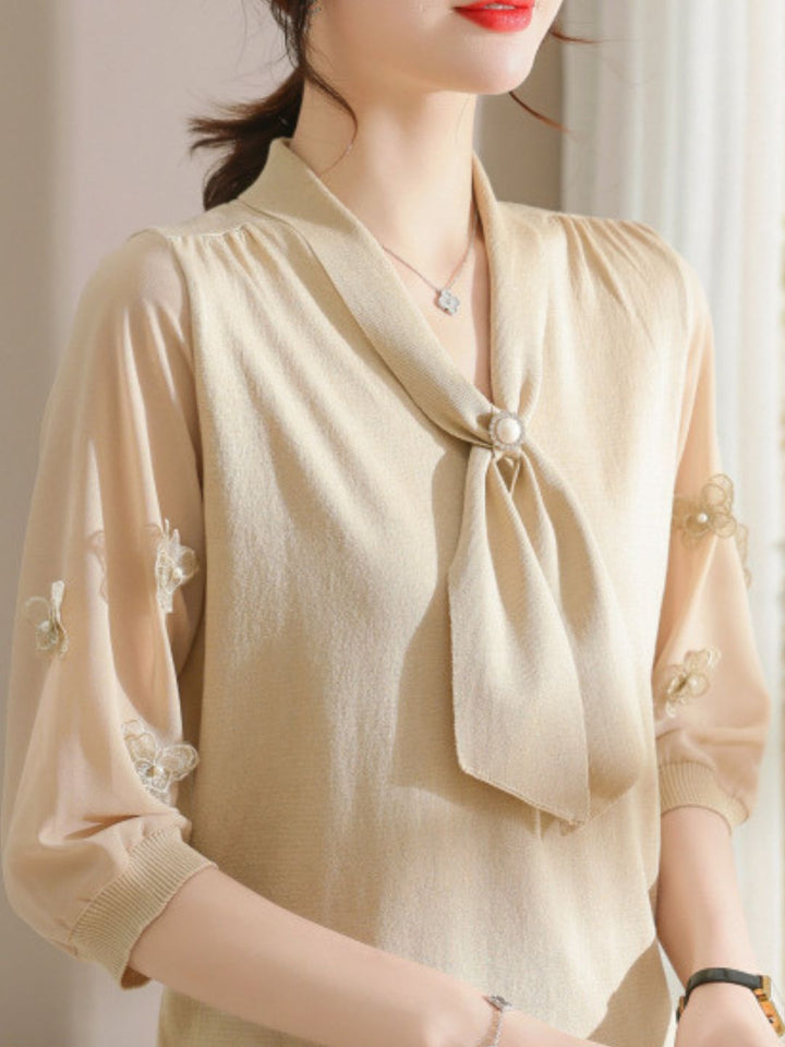 Ribbon Scarf Collar Gauze Sleeve Knitted Top