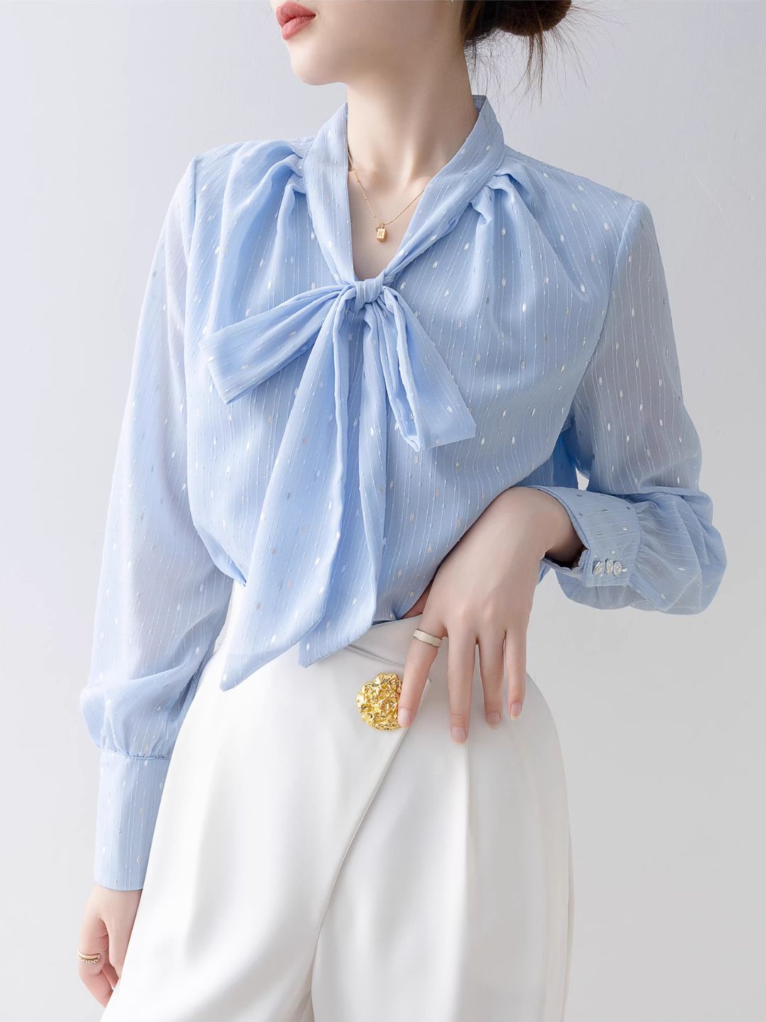 Loose V-Neck Bow Shirt