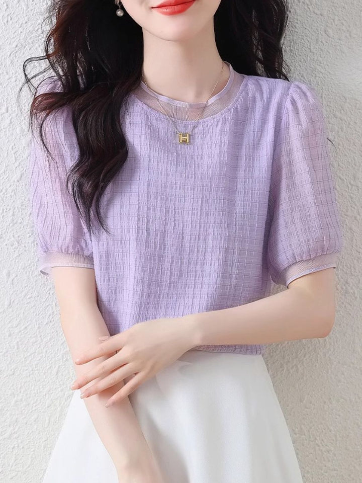Round Neck Plaid Chiffon Shirt - Pink