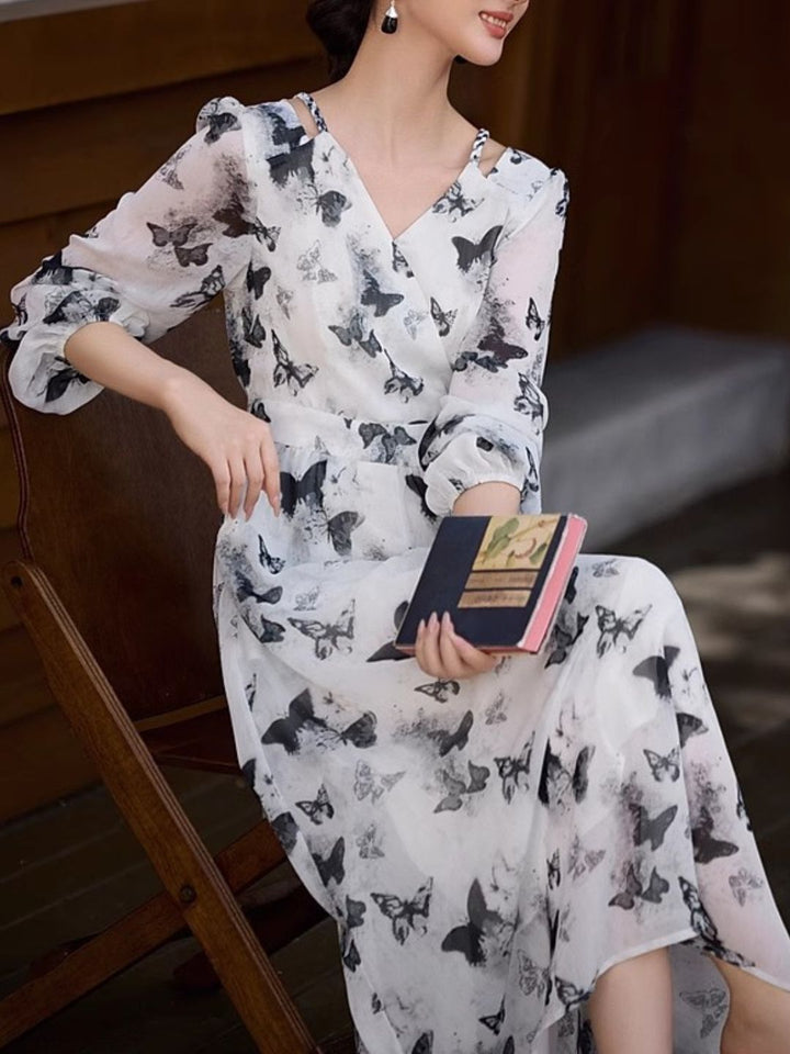 Elegant Butterfly Print V-Neck Dress