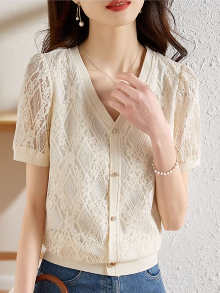 Elegant Lace Hollow V-Neck Top