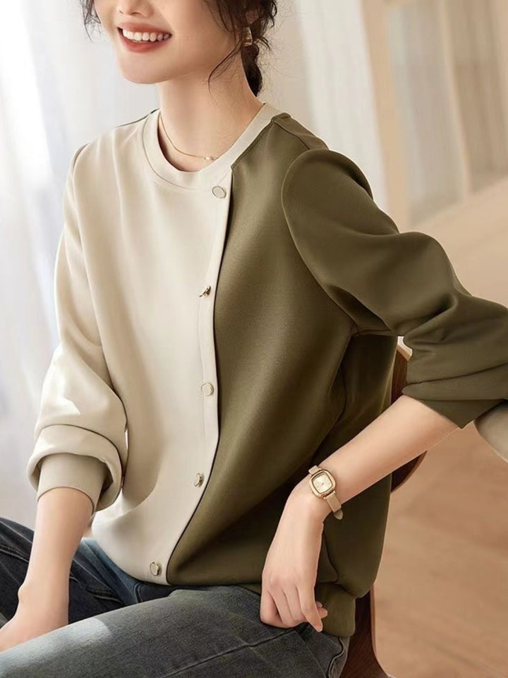 Round Neck Panelled Contrast Top - Green