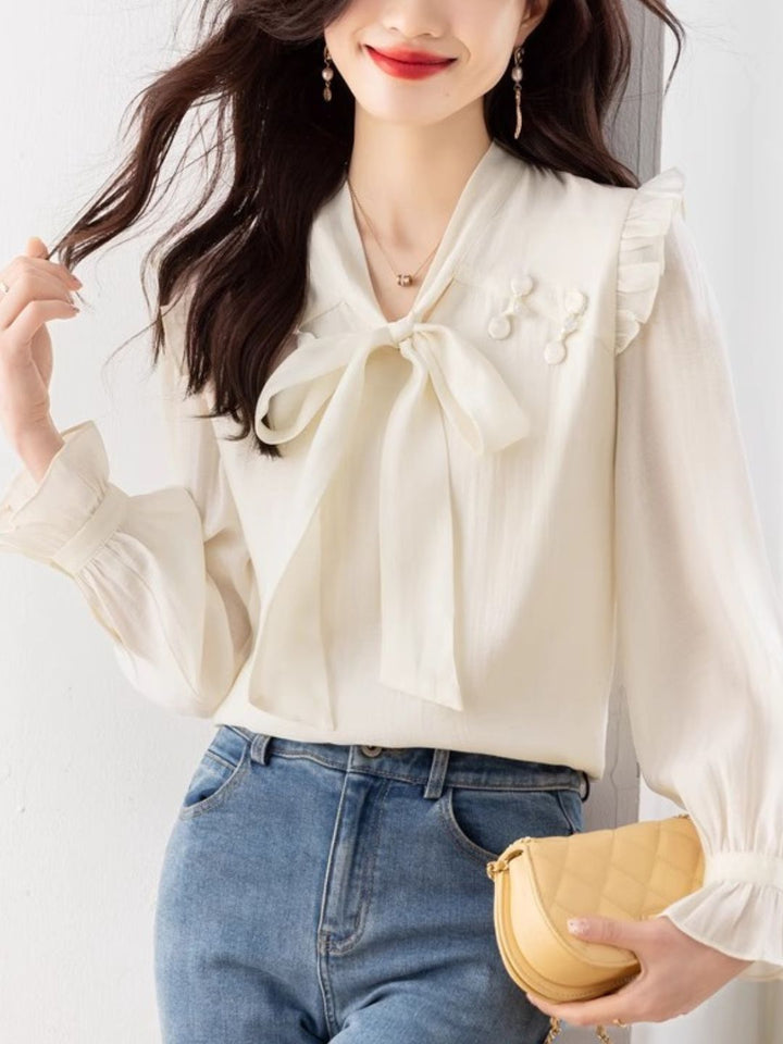 Chic Bow Chiffon Shirt - Green