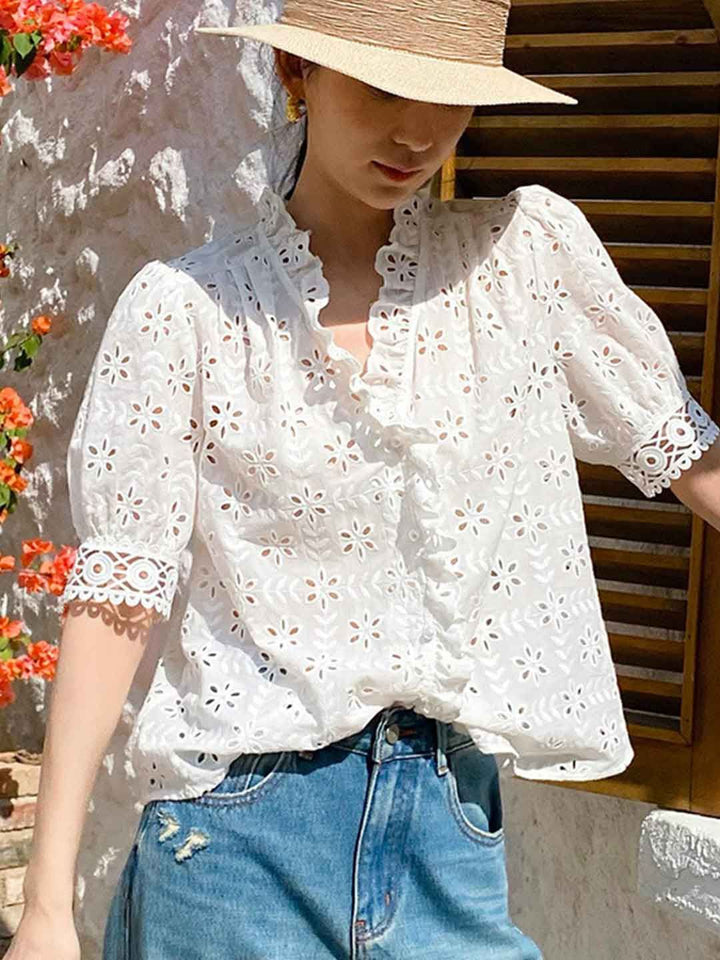 Elegant V-Neck Puff Sleeve Embroidered Top