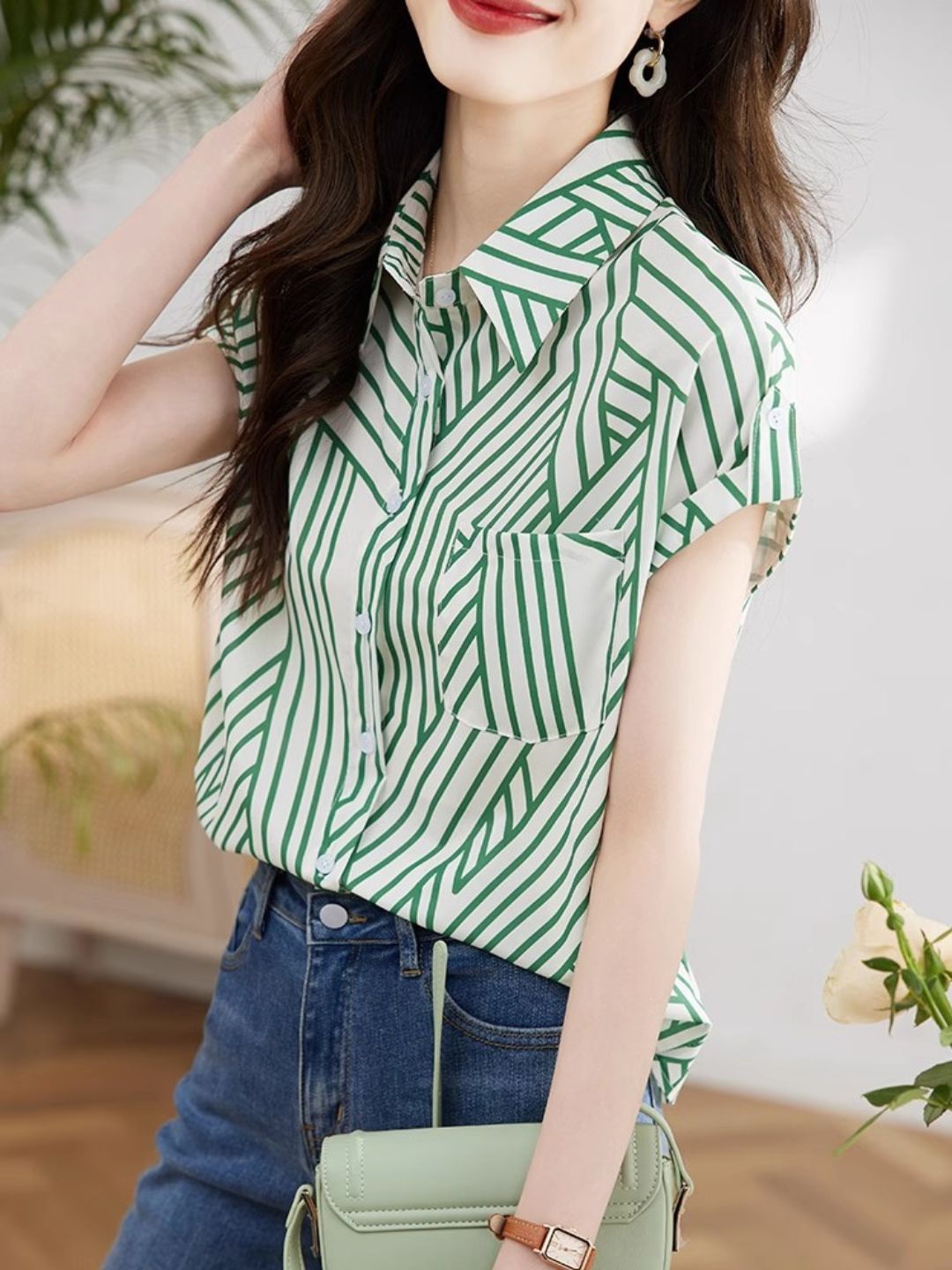 Chiffon Striped Short Sleeve Shirt