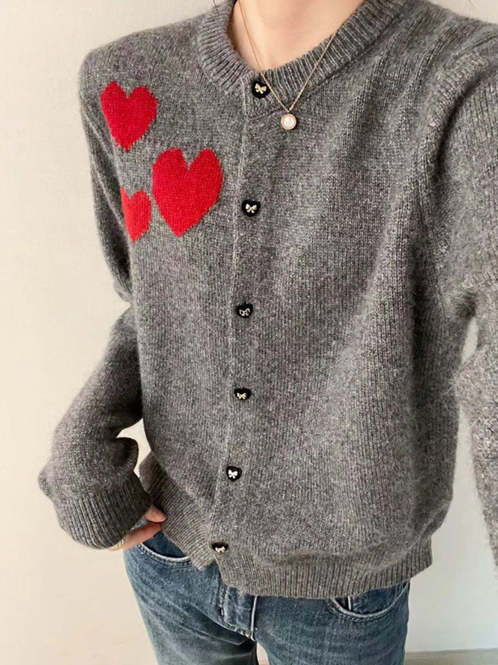 Vintage Crew Neck Heart Print Knitted Cardigan