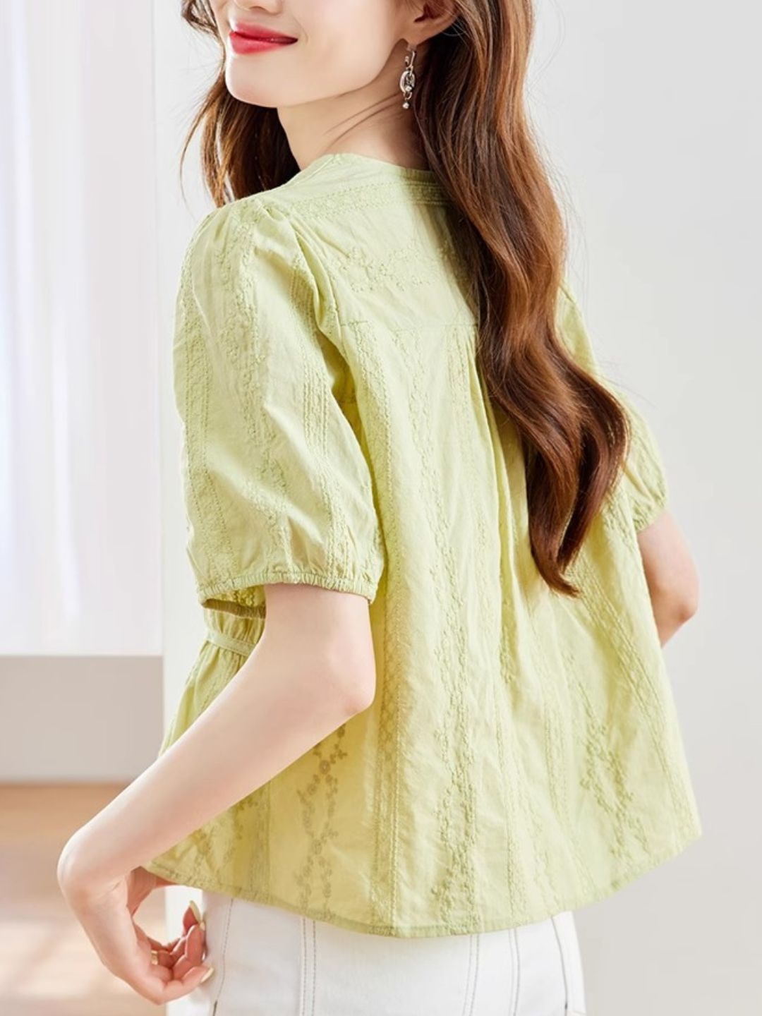 Round Neck Embroidered Shirt - Green