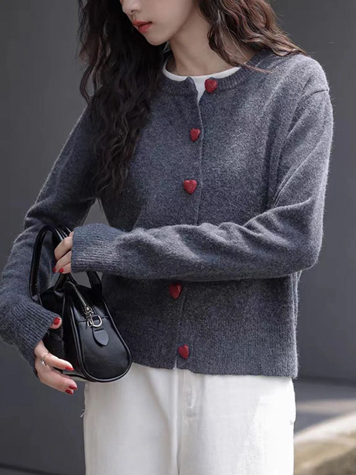 Elegant Crew Neck Heart Button Knitted Cardigan
