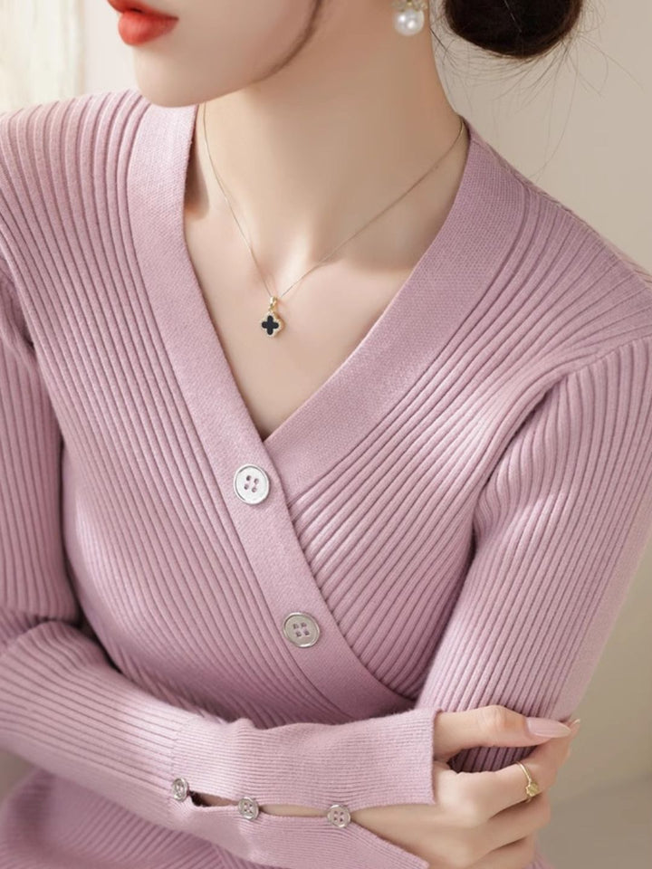 V-neck Cross Button Slit Sweater