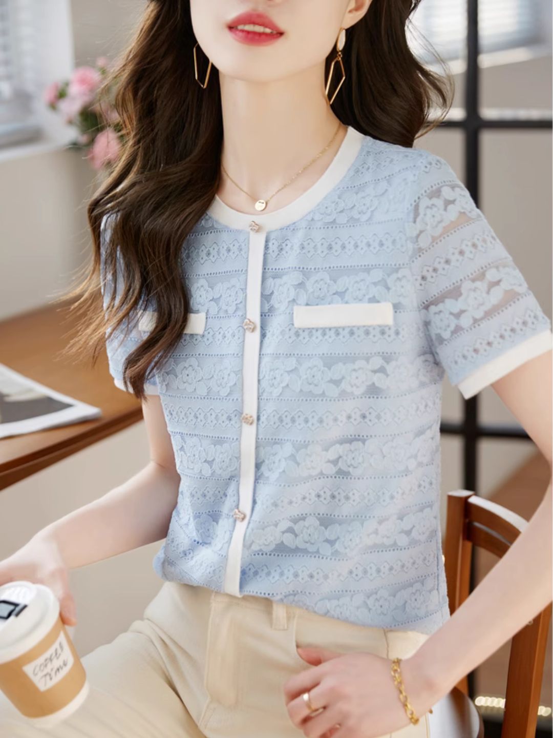 Lace Contrast Round Neck  Hollow T-shirt