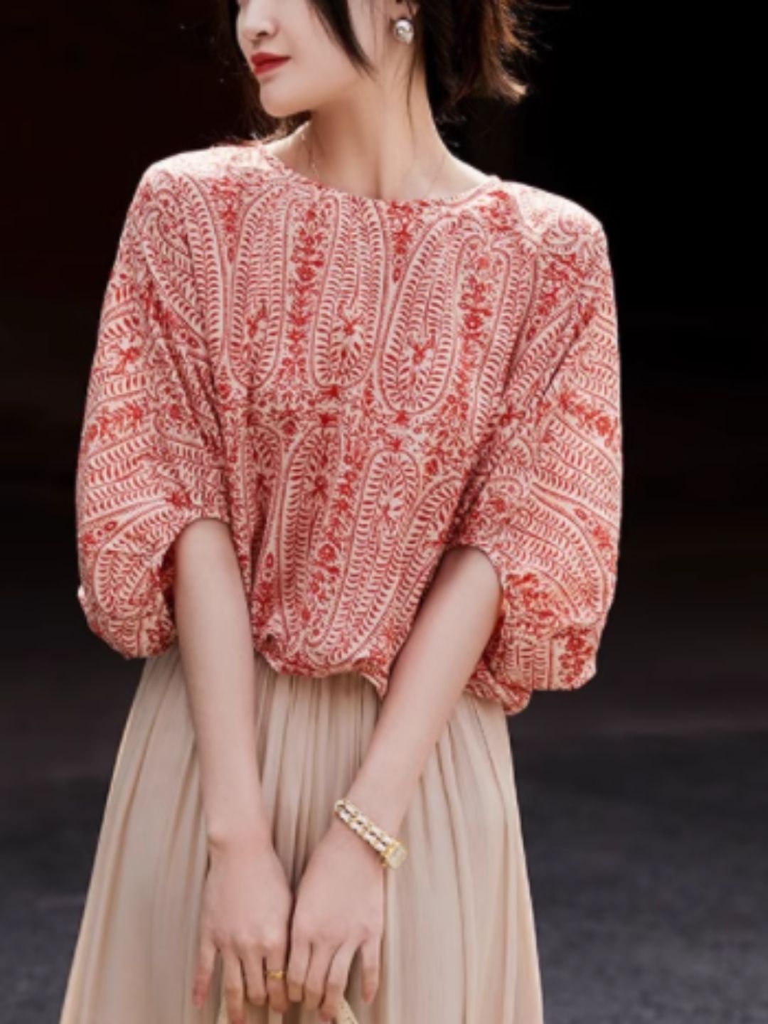 Casual Back Bow Printed Blouse - Red