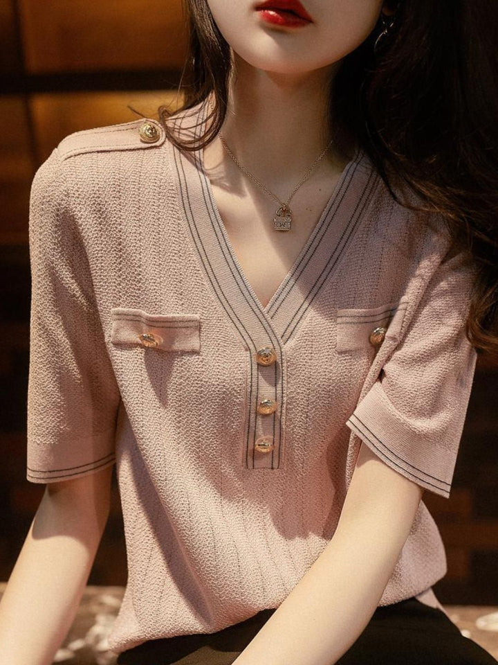 Retro V-Neck Knitted Thin Top