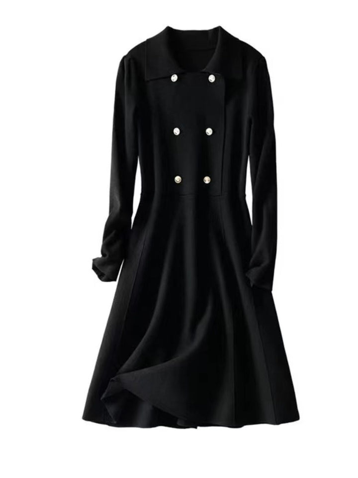 Lapel Knitted Sweater Dress -Black