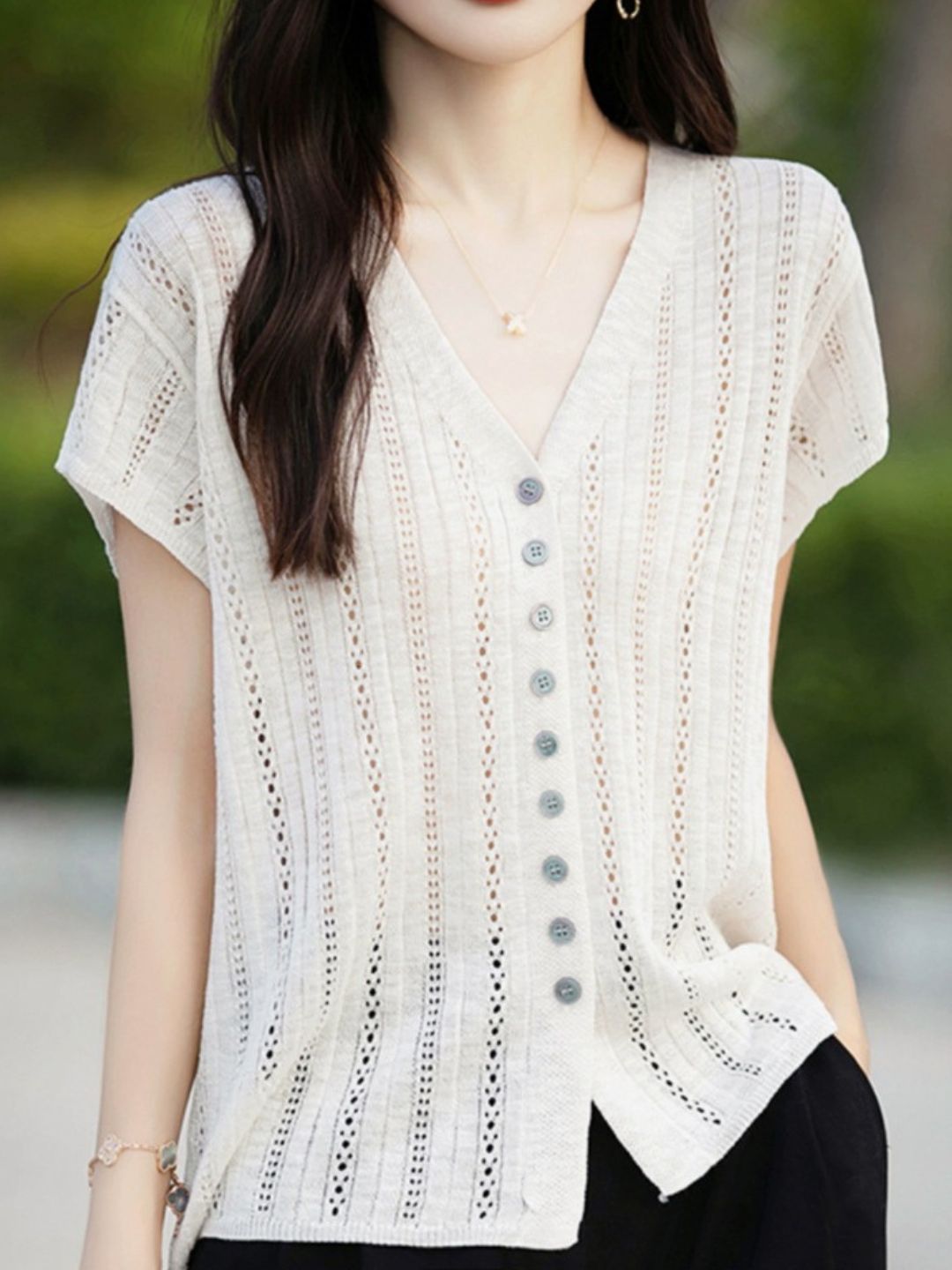 Classic V-Neck Loose Hollow Top