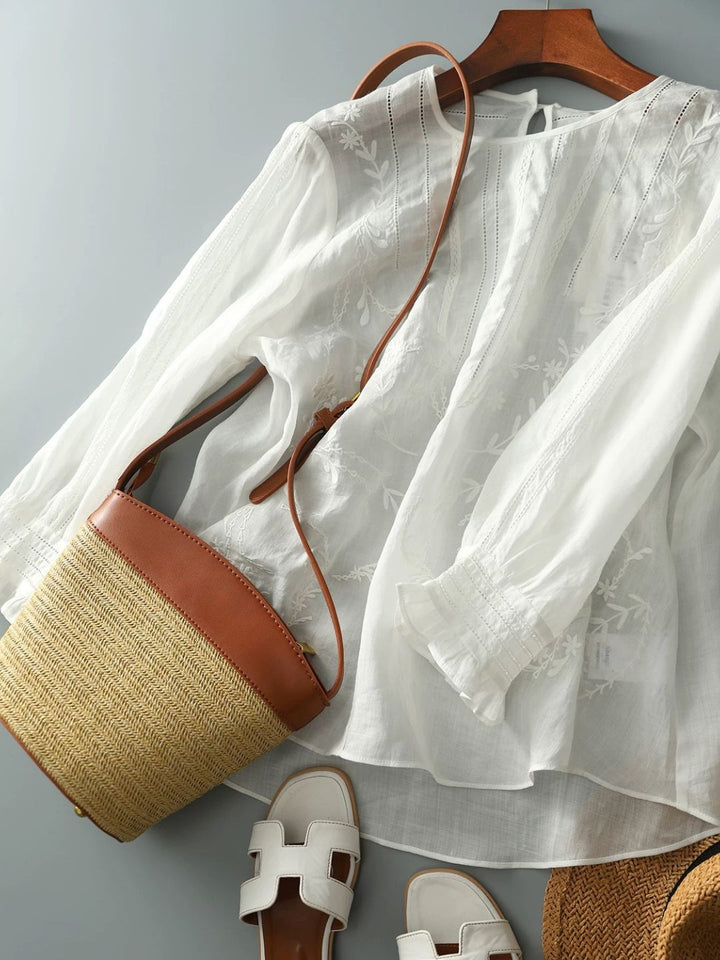 Classic Embroidered Round Neck Puff Sleeve Top