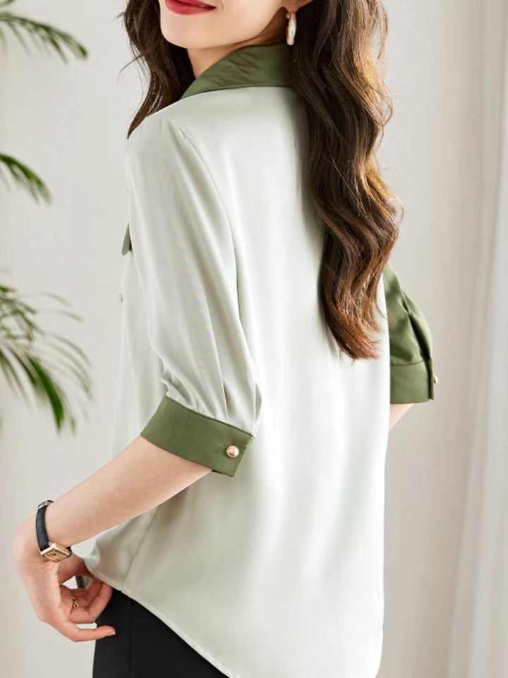 Versatile Contrast Color Shirt-Green