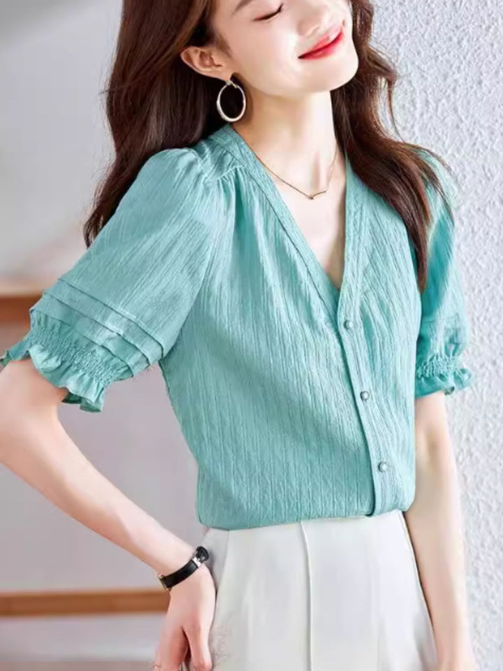 French V-neck Puff Sleeve Shirt - Purple