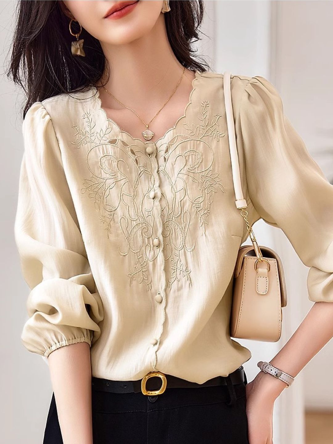 Embroidered Long-sleeved Shirt -Purple