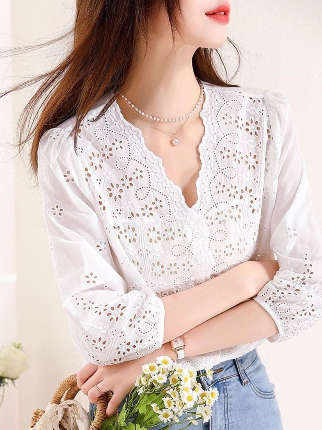 Exquisite Hollow Embroidery Loose Shirt