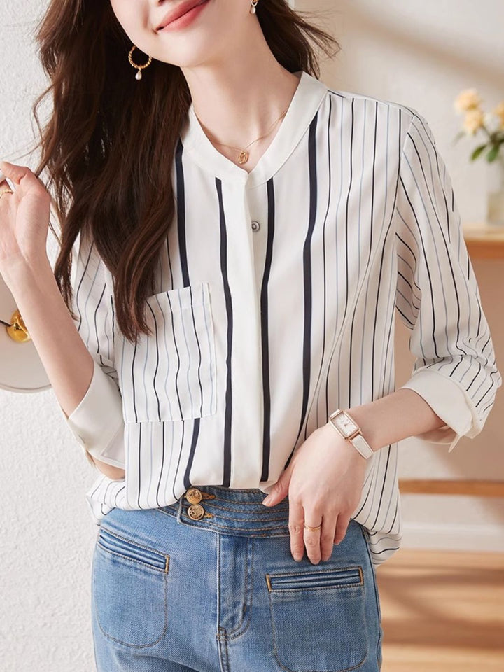 Striped Stand Collar Chiffon Shirt