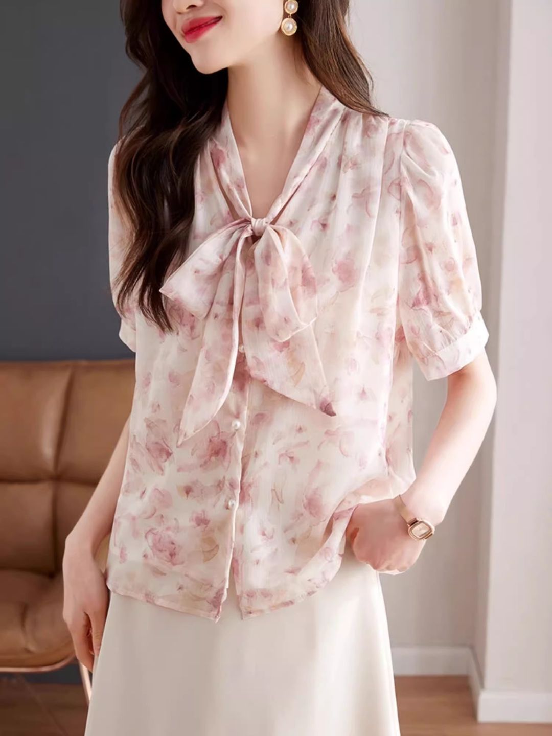 Bow Tie Floral Chiffon Shirt