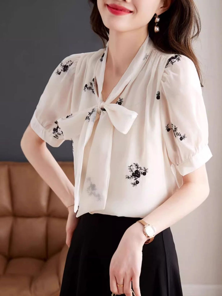 Bow Short Sleeve Chiffon Shirt - Apricot