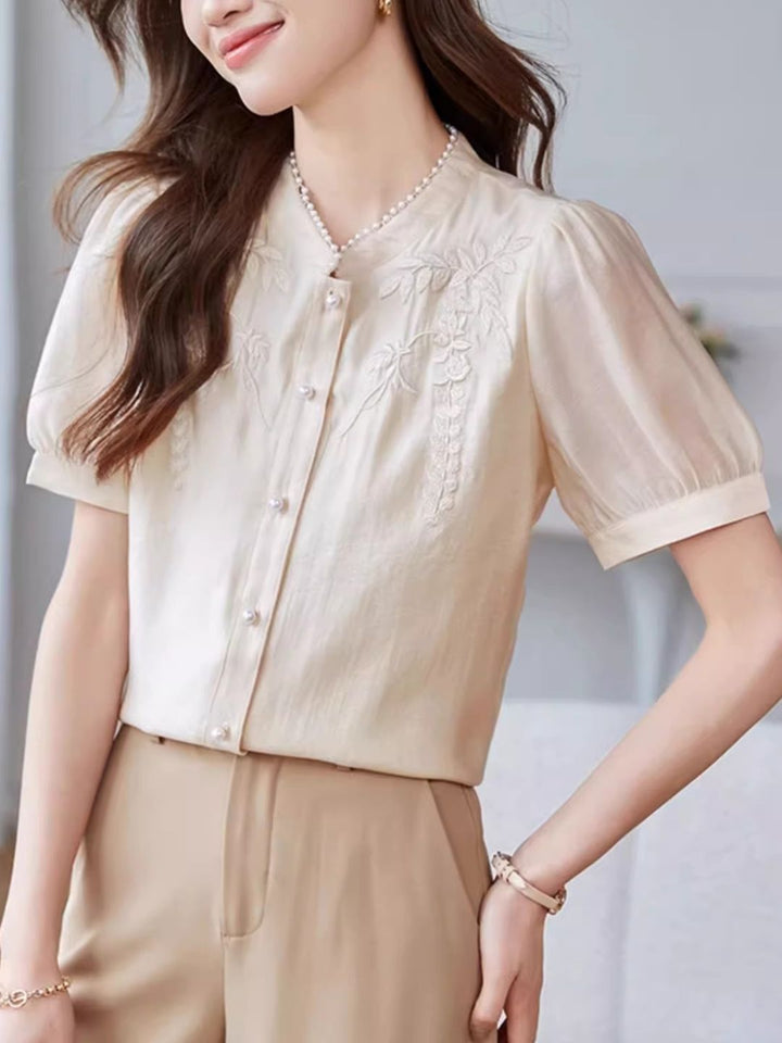 Embroidered Short Sleeve Chiffon Shirt - Apricot
