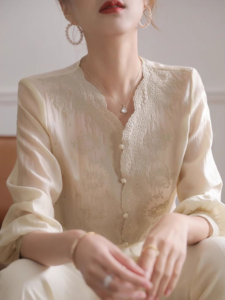 Embroidered lace V-neck Shirt Top