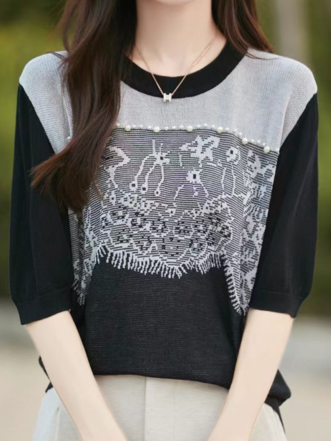 Crew Neck Lace Panel Knitted Top