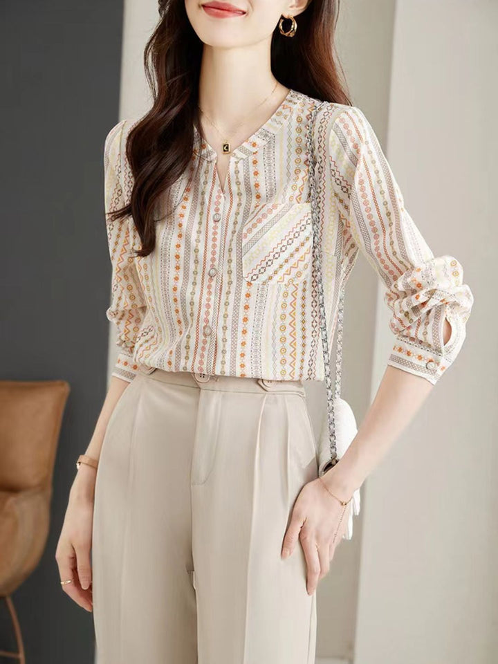 V-neck Print Chiffon Top
