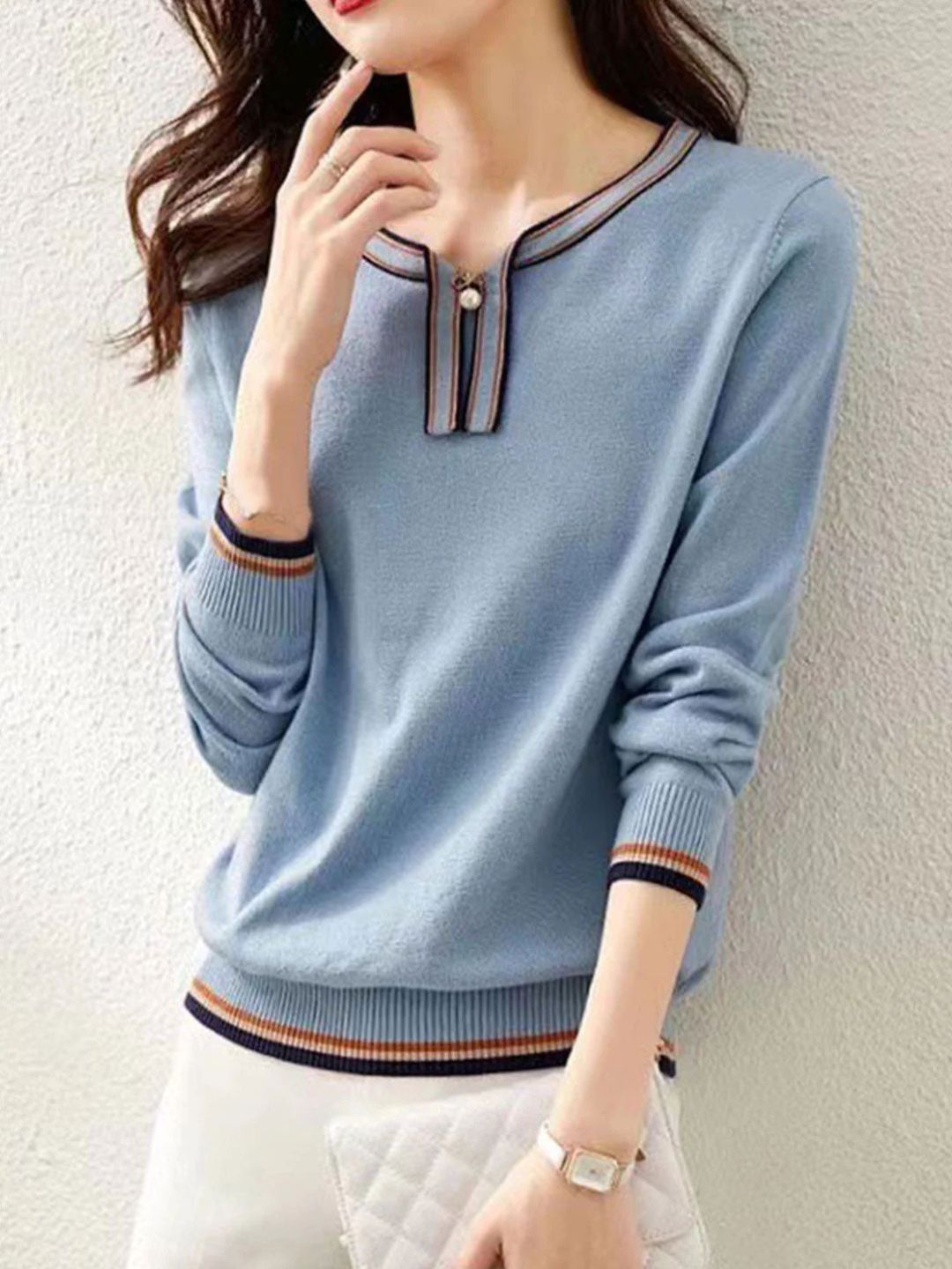 Classic Contrasting Color Knitted Pullover Top