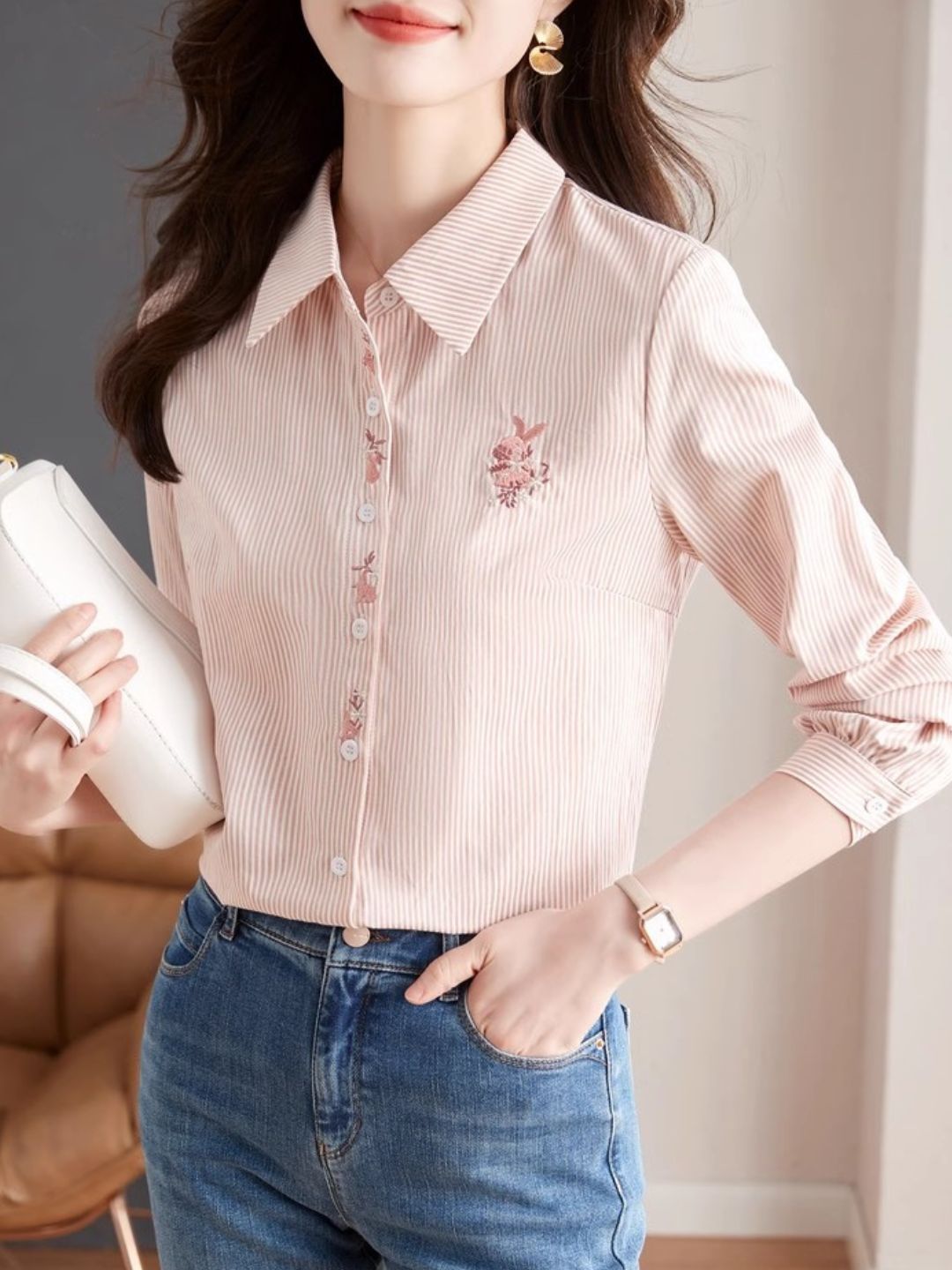 Lapel Stripe Embroidered Shirt