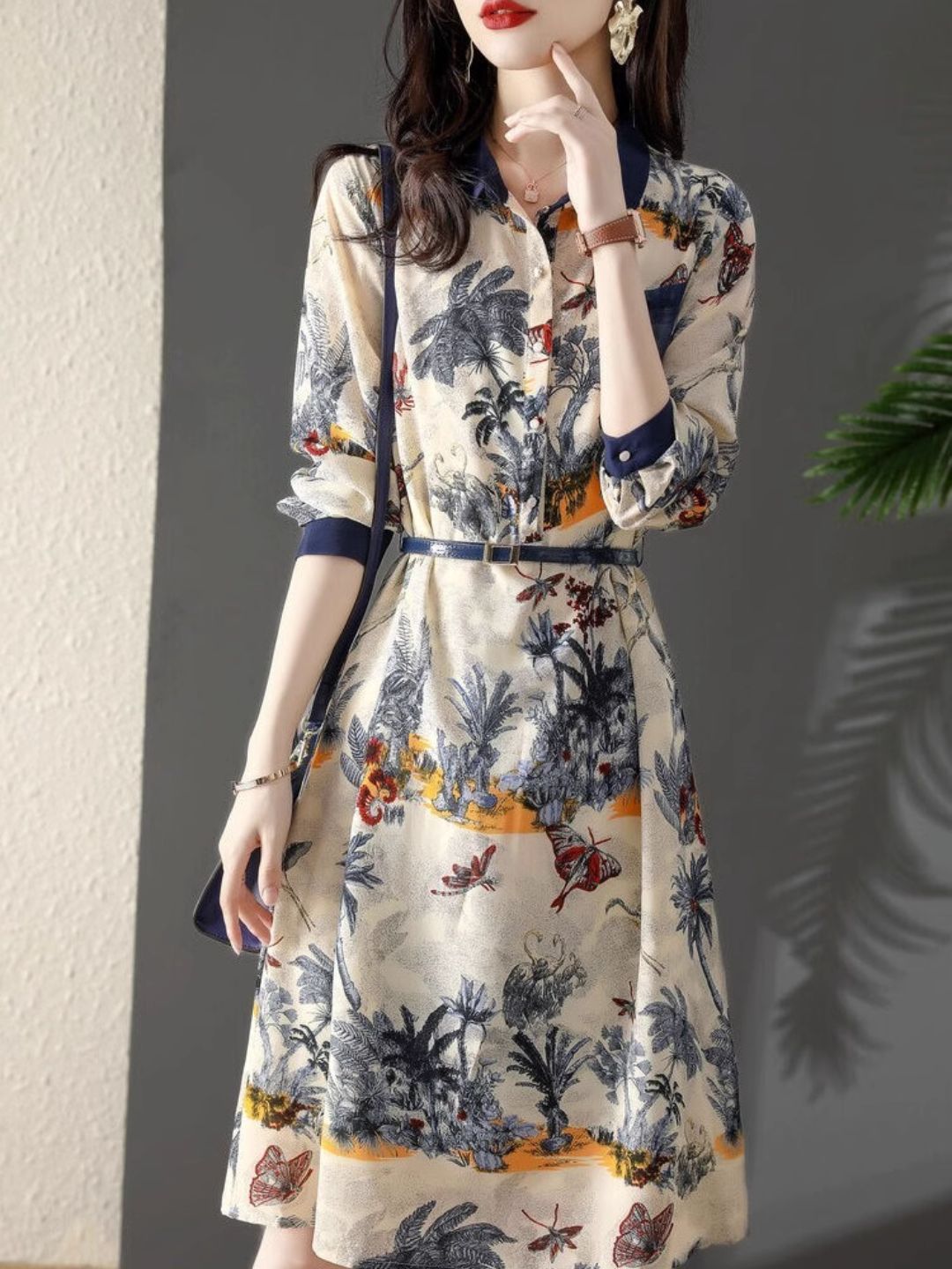 Elegant Print Lapel Dress