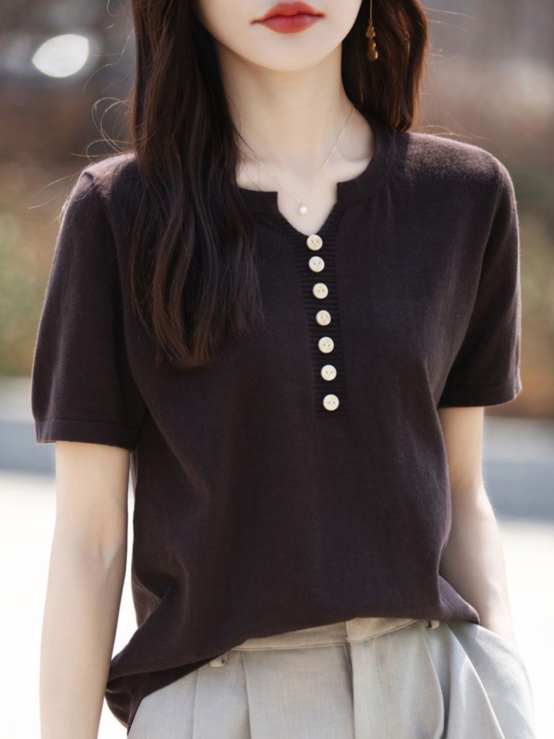 V-Neck Solid Color Loose Top