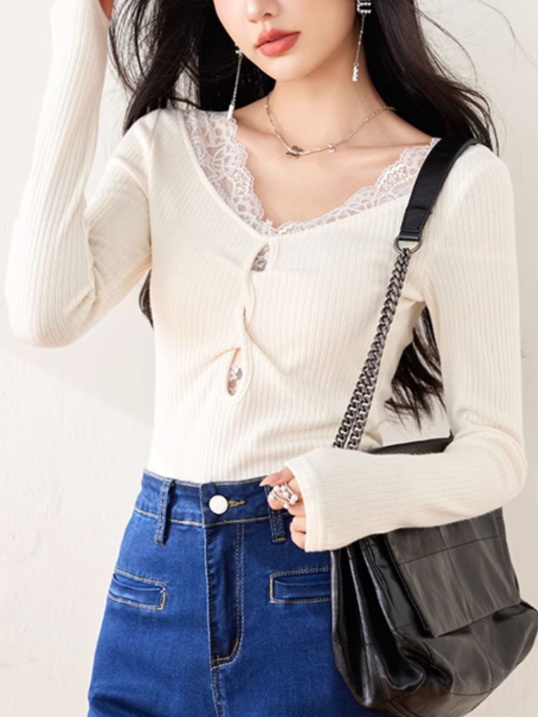 Lace Hollow Long Sleeve Top