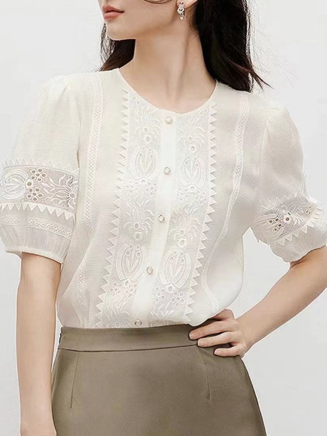 Round Neck Lace Embroidered Shirt