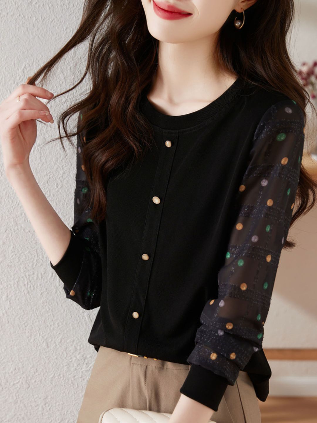 Polka Dot Long Sleeve Knit Top
