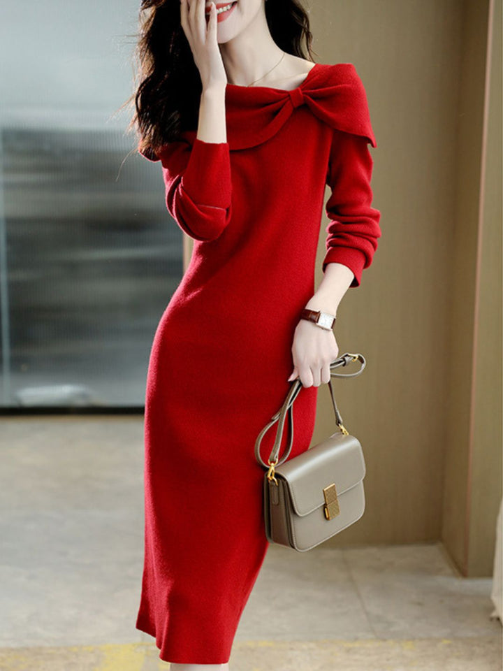 Bow Solid Color Knitted Dress