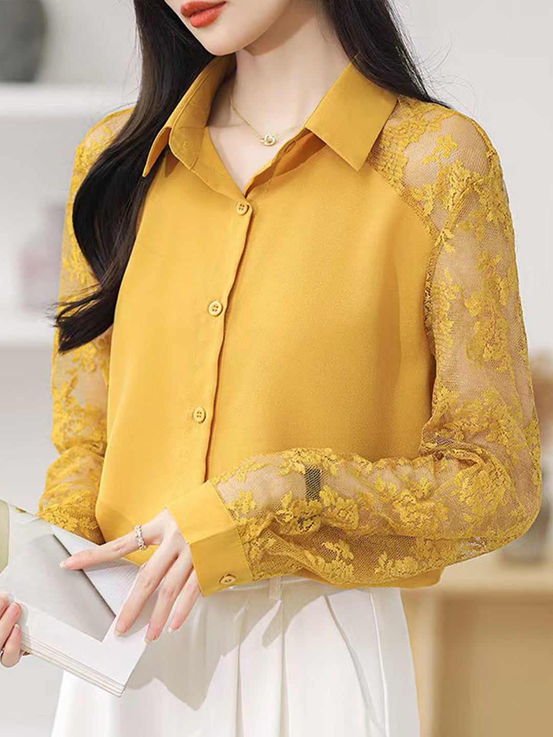 Lace Loose Lapel Chiffon Shirt