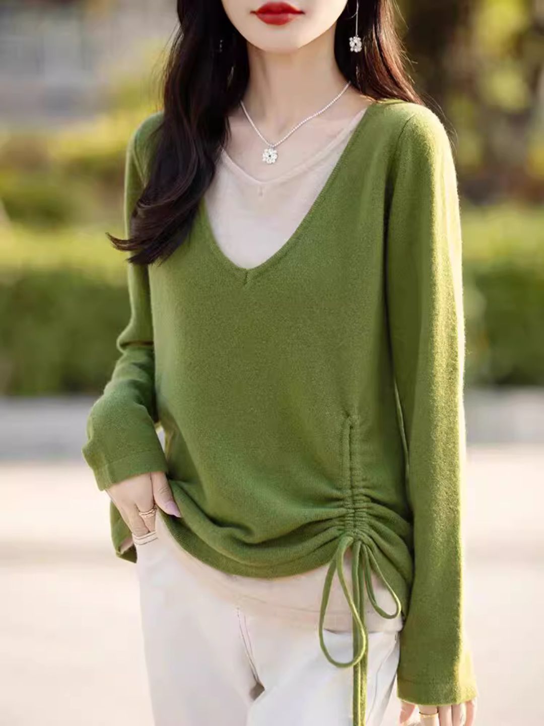 Temperament V-neck Drawstring Sweater - Red