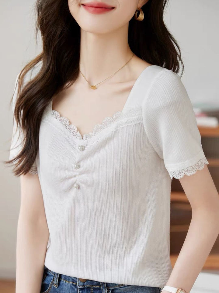 White Knit Short Sleeve Lace Top