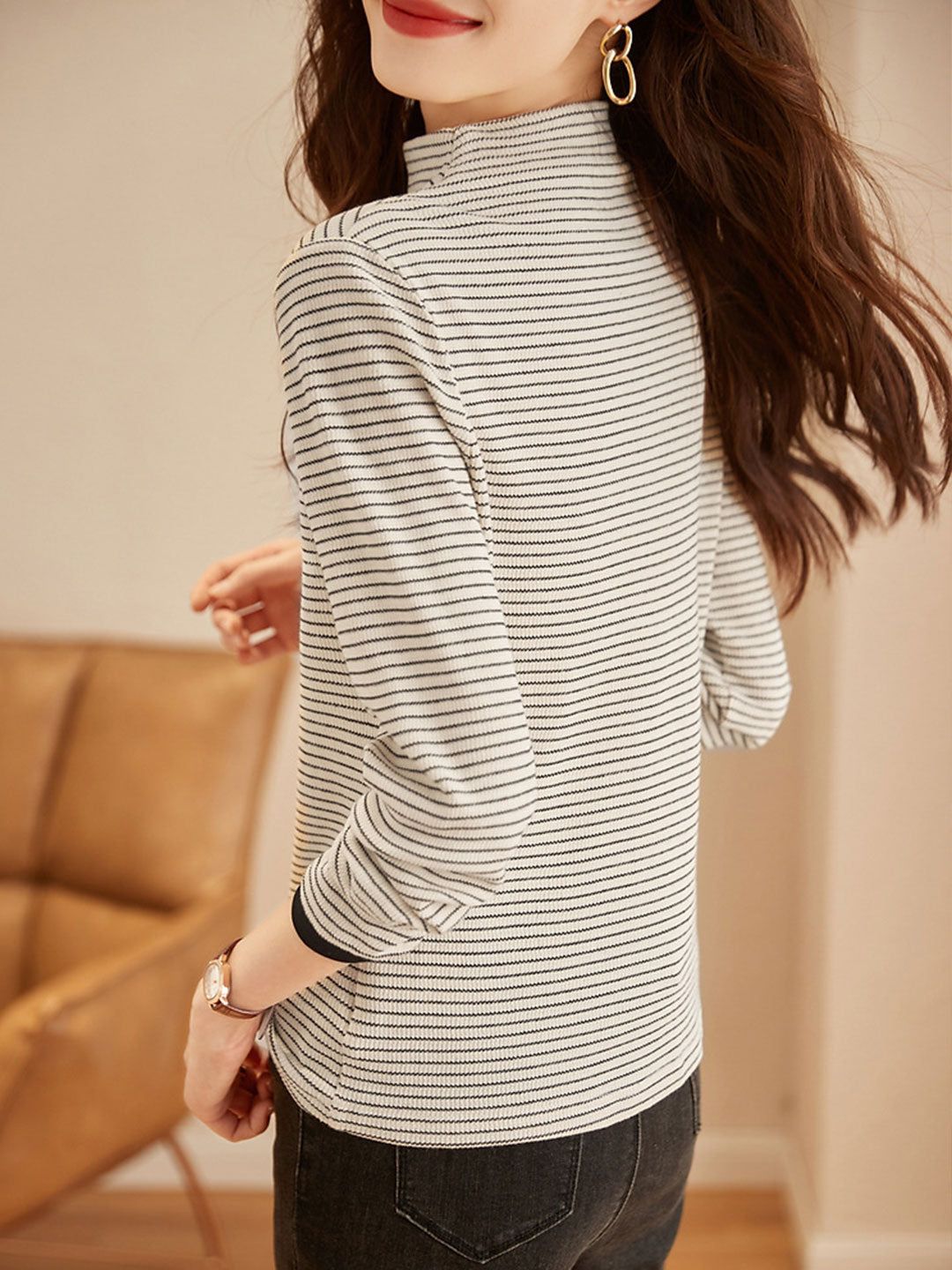 Classic Turtleneck Contrasted Striped Knitted Top