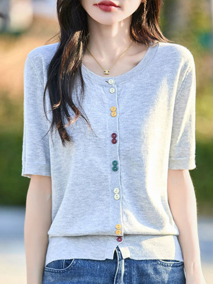 Colorful Button-Down Knitted Short-Sleeved Top