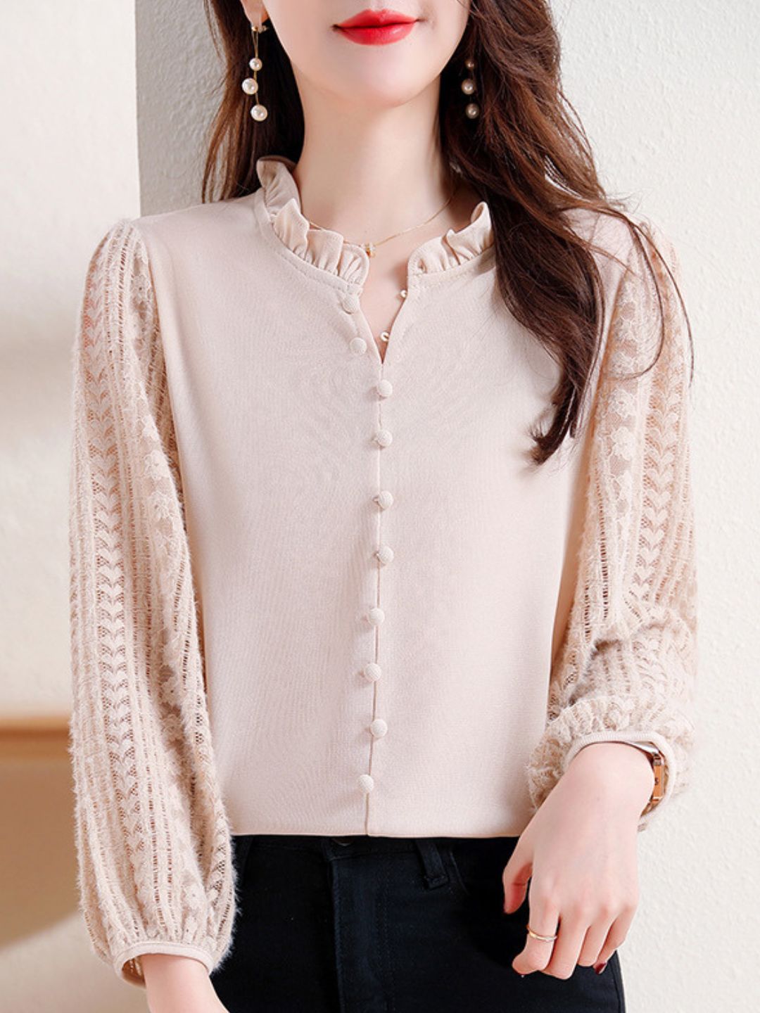 Elegant Lace Lantern Sleeve Top - Pink