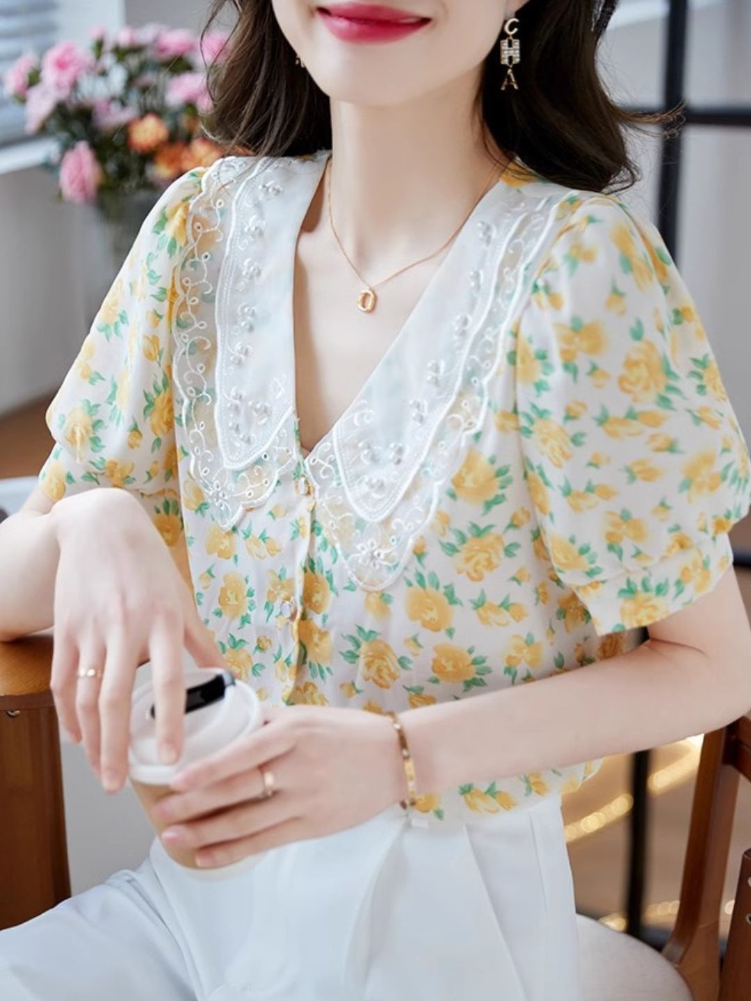 Classic Floral Printed Beaded Chiffon Shirt -Pink